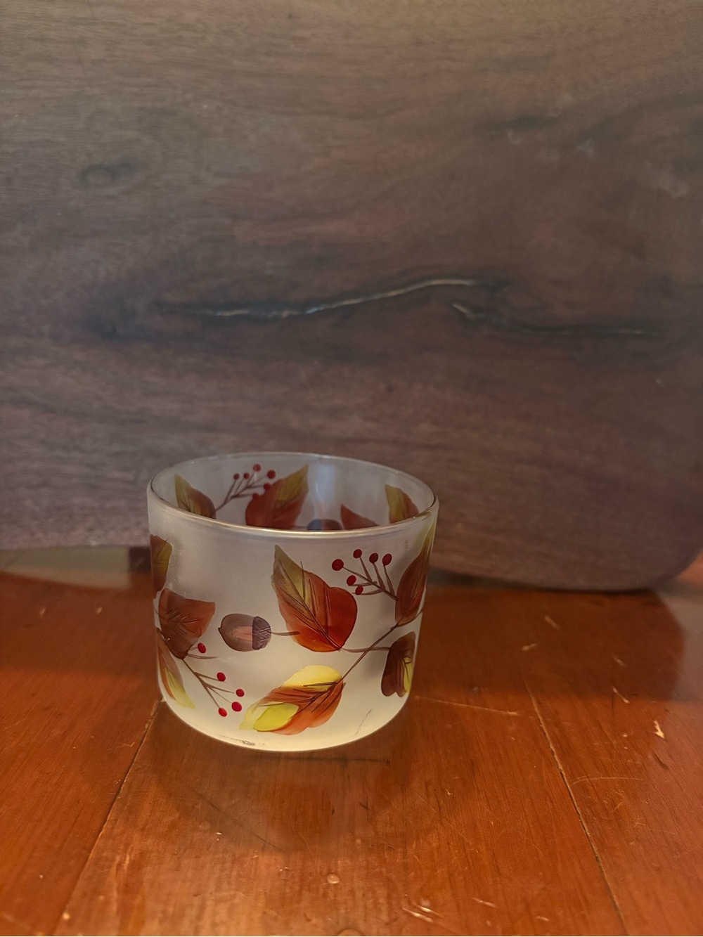 Yankee Candle Frosted Glass Votive Holder with Autumn Leaf Design - Brown/Orange